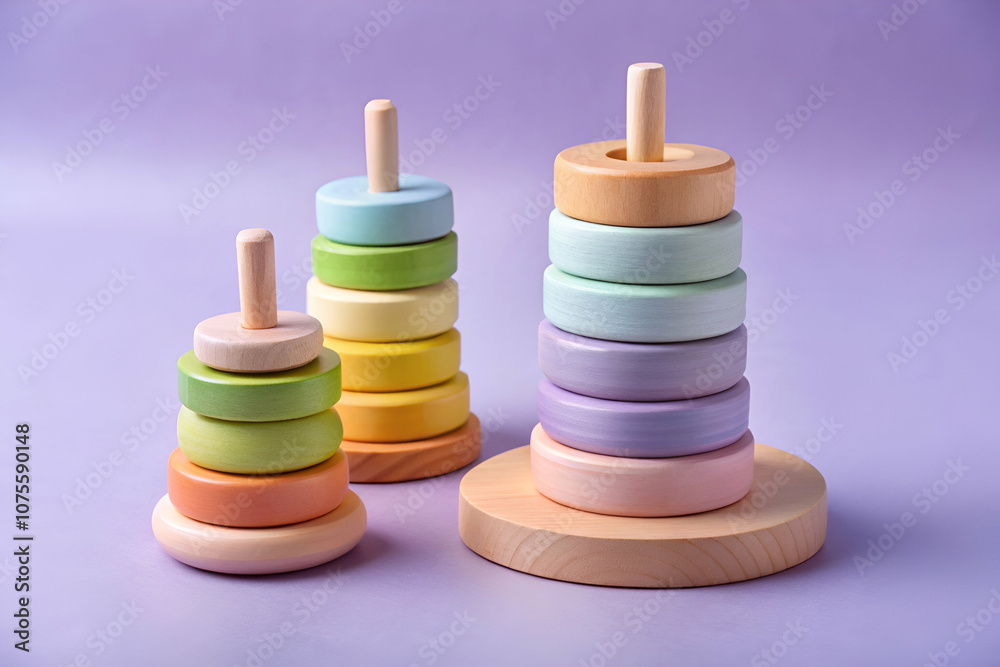 Colorful wooden stacking toys arranged on a soft purple background, perfect for children's play and skill development. Colorful wooden stacking toys arranged on a soft purple background, perfect for children's play and skill development.