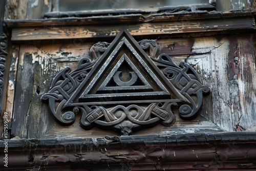 Old wooden facade with peeling paint adorned with an ancient triangle symbol, showcasing intricate craftsmanship and historical significance photo