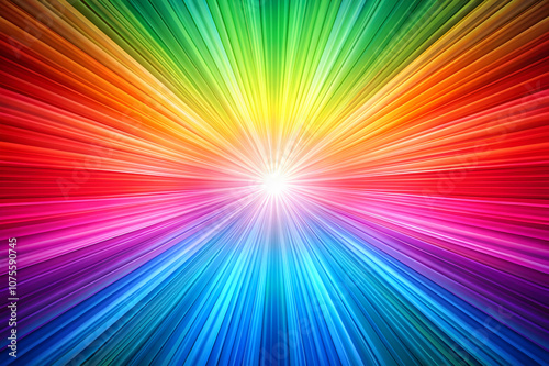 A vibrant, radiant burst of multicolored light, showcasing a spectrum of colors that radiate outward from a bright central point.