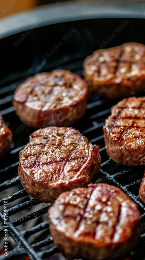 Grilled beef steaks cooking on a barbecue grill in the afternoon sun