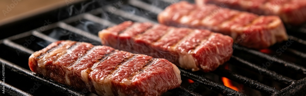Grilling juicy beef steaks on a barbecue for a summer cookout Grilling juicy beef steaks on a barbecue for a summer cookout