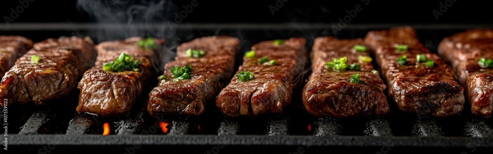 Grilled beef steaks sizzling on the barbecue with herbs and spices Grilled beef steaks sizzling on the barbecue with herbs and spices