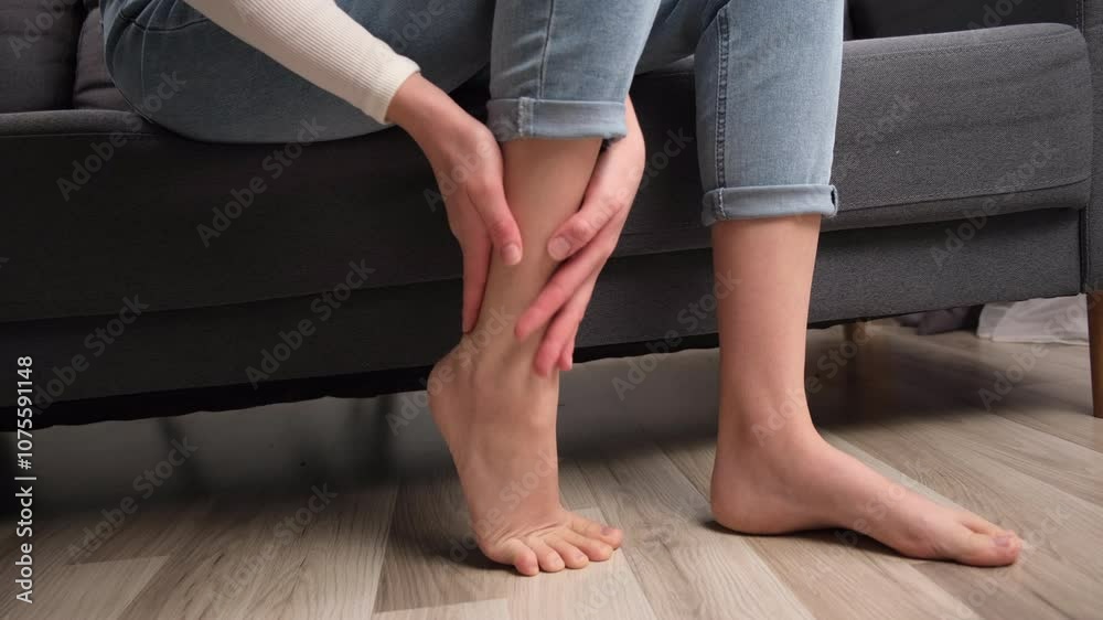 Muscle pain or leg pain. Suffer young caucasian woman massaging brawn leg calf muscle cramps or spasm, trauma from inflammation of tendon at calves while sitting alone on sofa. Health care concept Muscle pain or leg pain. Suffer young caucasian woman massaging brawn leg calf muscle cramps or spasm, trauma from inflammation of tendon at calves while sitting alone on sofa. Health care concept