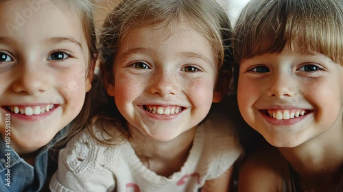 Close-up POV of happy children gathered together, grinning at the camera in a home environment. Soft, friendly background with minimal distractions.