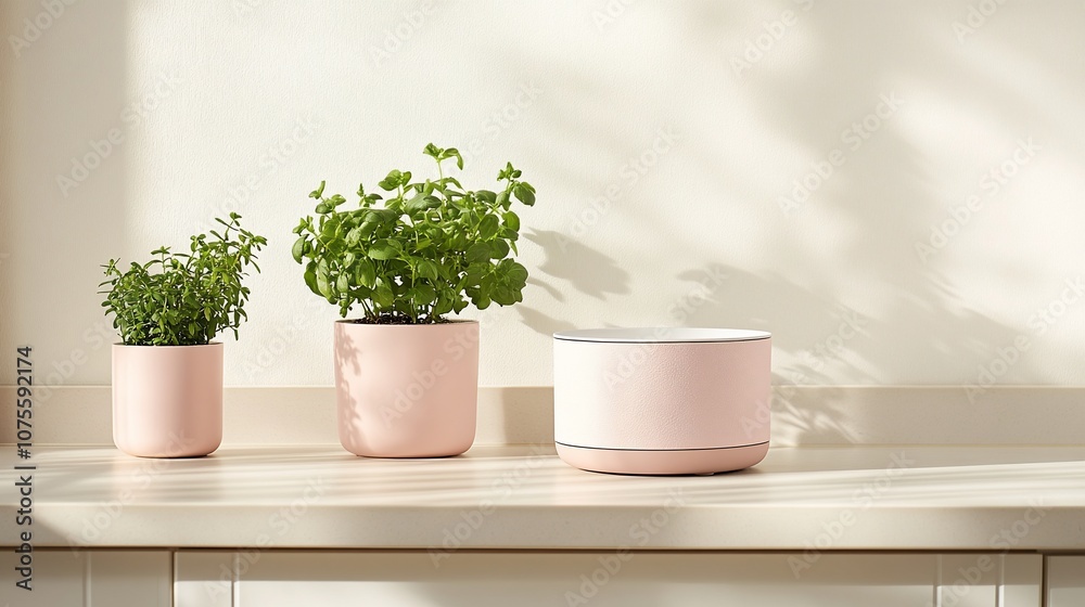 Three pink pots with green plants on a white countertop. Three pink pots with green plants on a white countertop.
