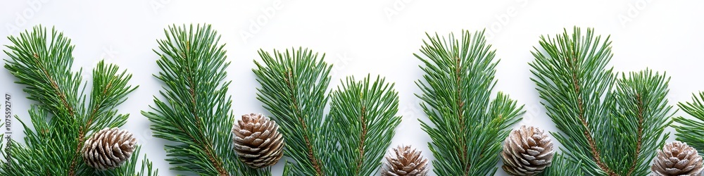 Pine branches and cones on white background, winter theme. Pine branches and cones on white background, winter theme.