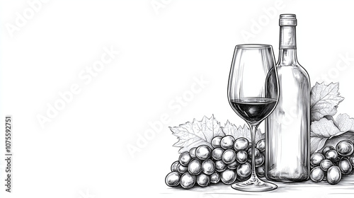 Sketch of wine glass, a bottle of wine and grapes. Draw a continuous line. Copy space, banner concept.