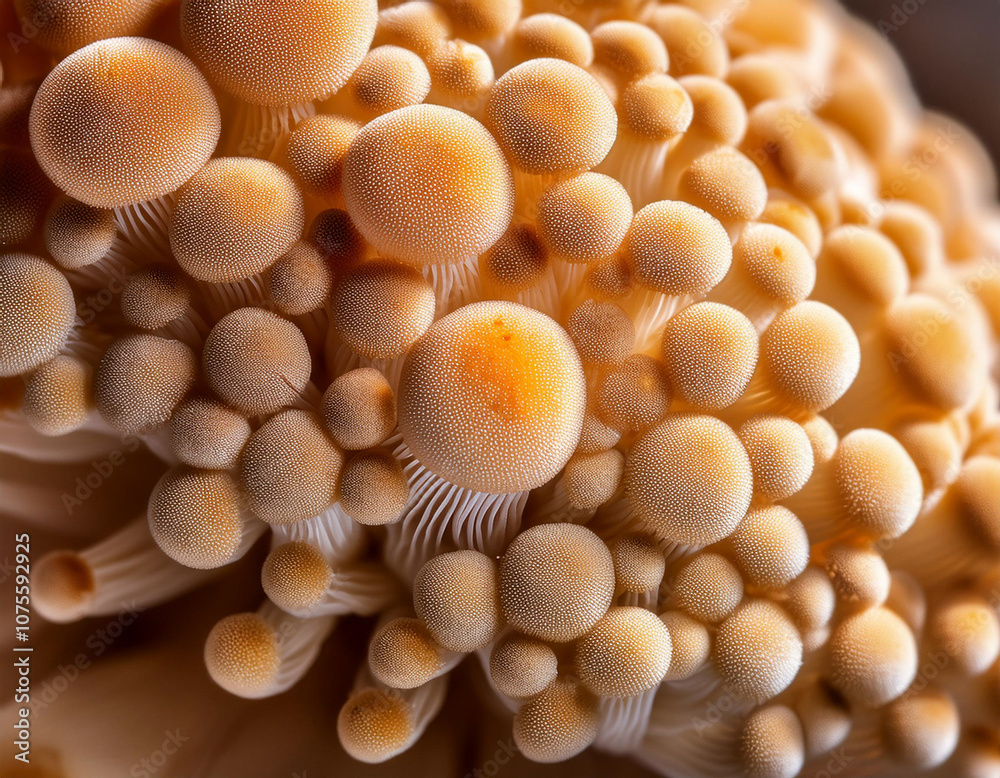 Close-up view of mushroom spores, delicate texture in natural light Close-up view of mushroom spores, delicate texture in natural light