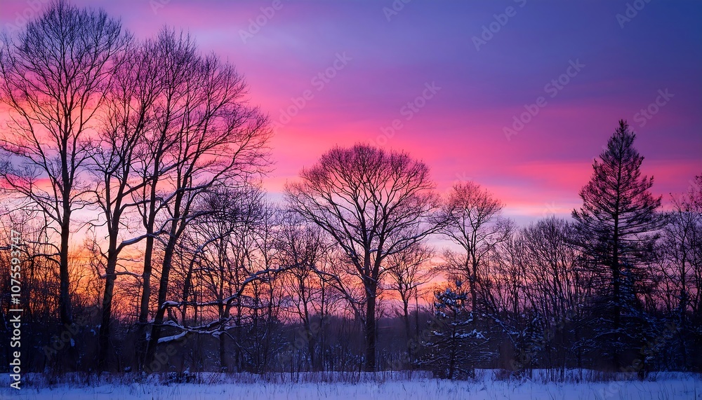 Fototapeta premium Bare trees stand out against a vibrant pink and purple sunset in this serene winter woodlan_1(877)