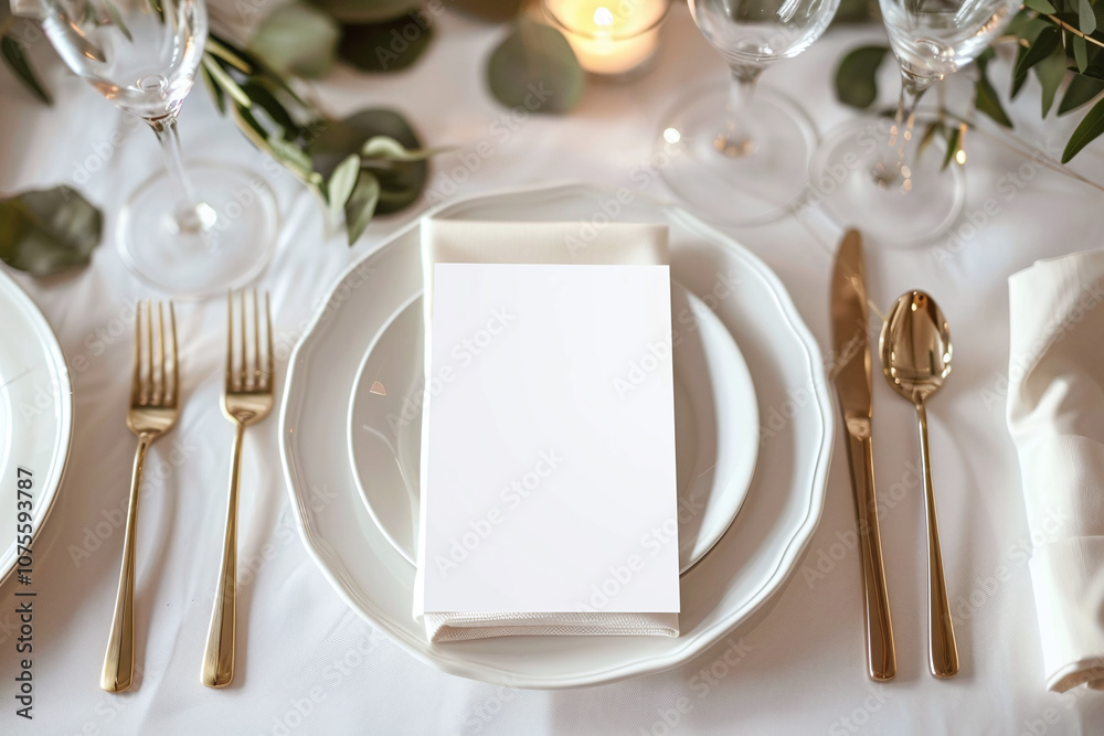 Mockup of white gift card. Greeting card at light beige background. Menu card in restaurant luxury table. Copy space for text or logo or message. Mockup of white gift card. Greeting card at light beige background. Menu card in restaurant luxury table. Copy space for text or logo or message.