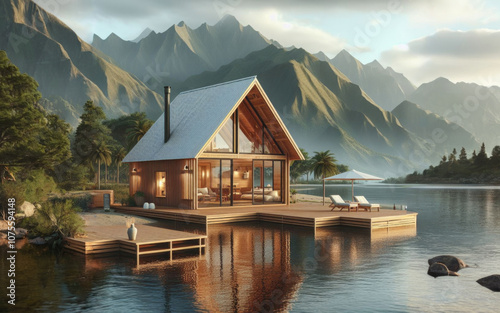 A serene lakeside cabin with large windows, surrounded by mountains and lush greenery. The cozy wooden deck features lounge chairs and umbrellas, creating a peaceful retreat in nature