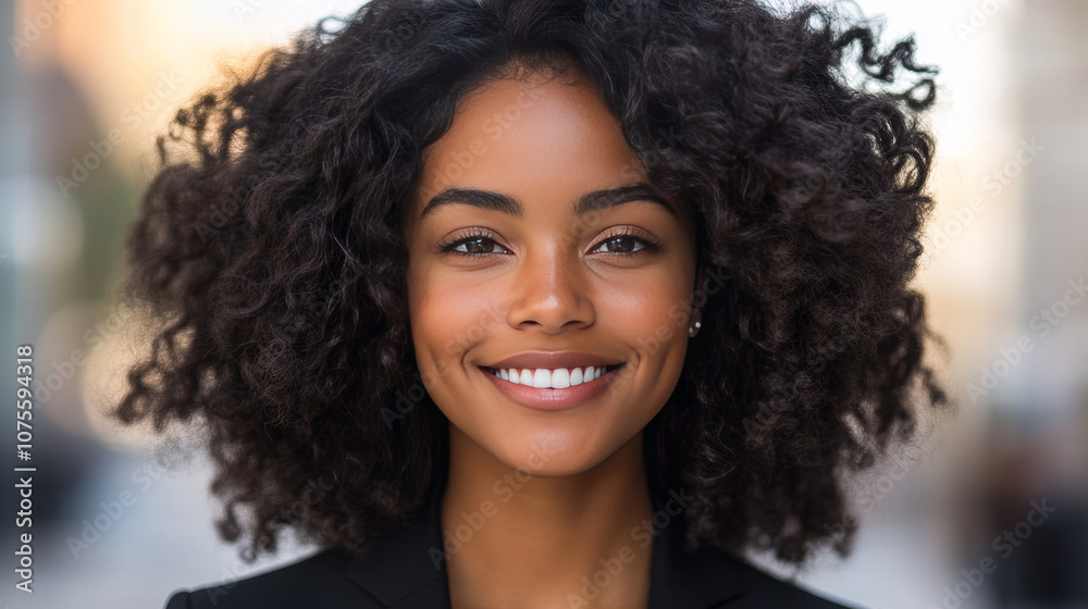 A young Black woman with curly hair smiles brightly. A young Black woman with curly hair smiles brightly.