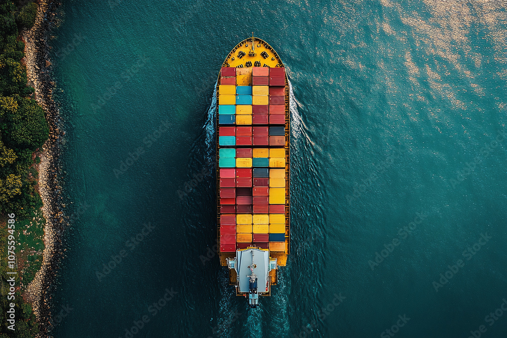 Aerial Top View Of Container Cargo Business Ship In Sea. Global Cargo Transportation Concept Banner. International transportation. Export-import business, logistics, freight shipping	
