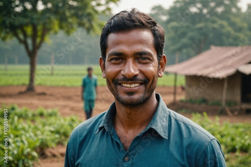 Close portrait of a smiling 40s Bangladeshi male farmer standing and looking at the camera, outdoors Bangladeshi rural blurred background