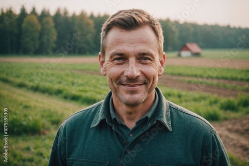 Close portrait of a smiling 40s Belarusian male farmer standing and looking at the camera, outdoors Belarusian rural blurred background