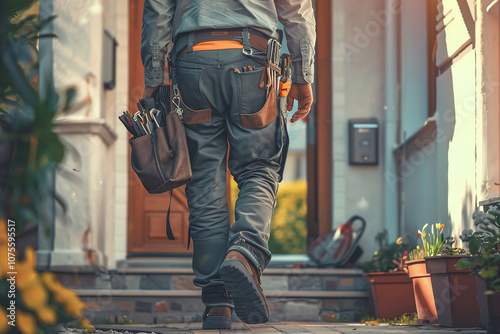 Back of professional handyman or repairman with bag and tools walking into the front door house. Close up
