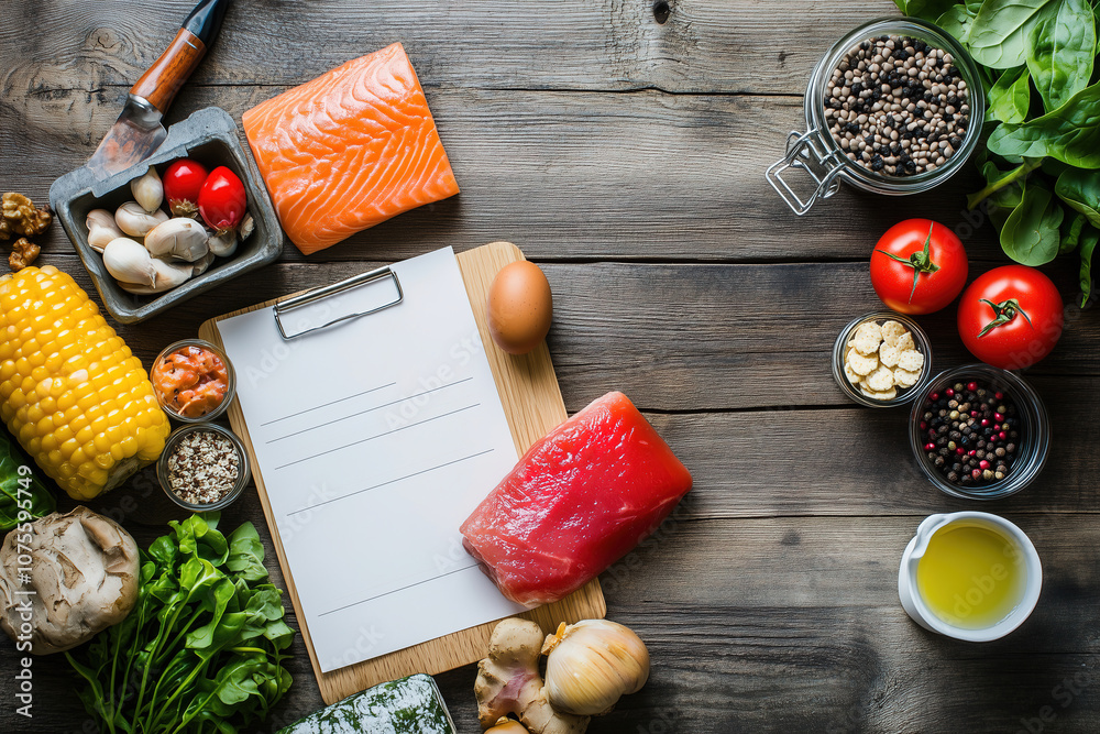 Fresh ingredients and a blank recipe card on a rustic wooden table ready for meal preparation in a cozy kitchen setting. Generative AI Fresh ingredients and a blank recipe card on a rustic wooden table ready for meal preparation in a cozy kitchen setting. Generative AI