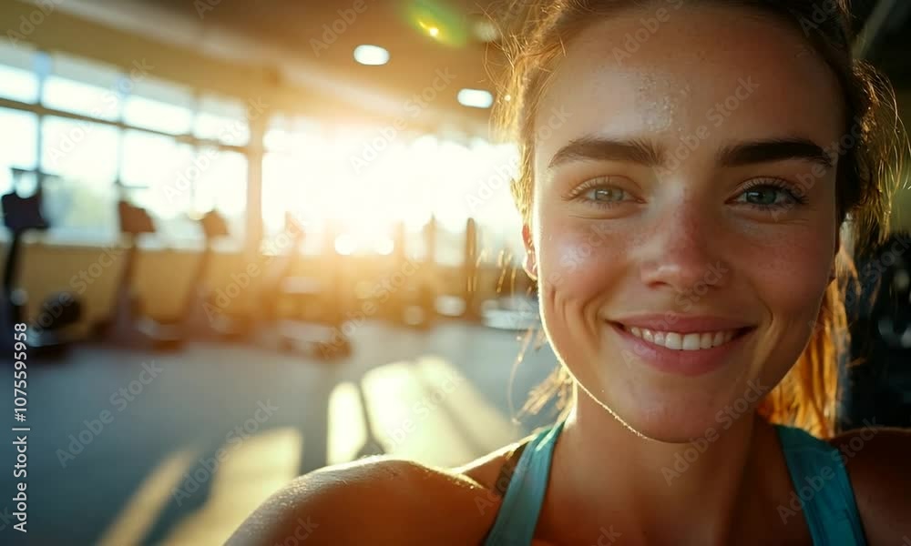 A young woman takes a selfie in a gym during sunset, showcasing a fitness lifestyle. A young woman takes a selfie in a gym during sunset, showcasing a fitness lifestyle.
