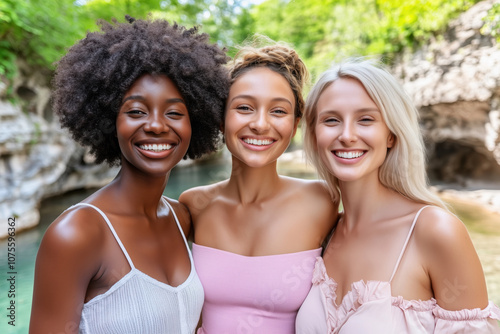 Three women friends on vacation against backdrop of exotic nature. Smiling female tourists in summer dresses on nature excursion