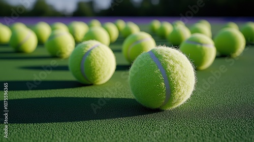 Closeup of tennis balls on green court. photo