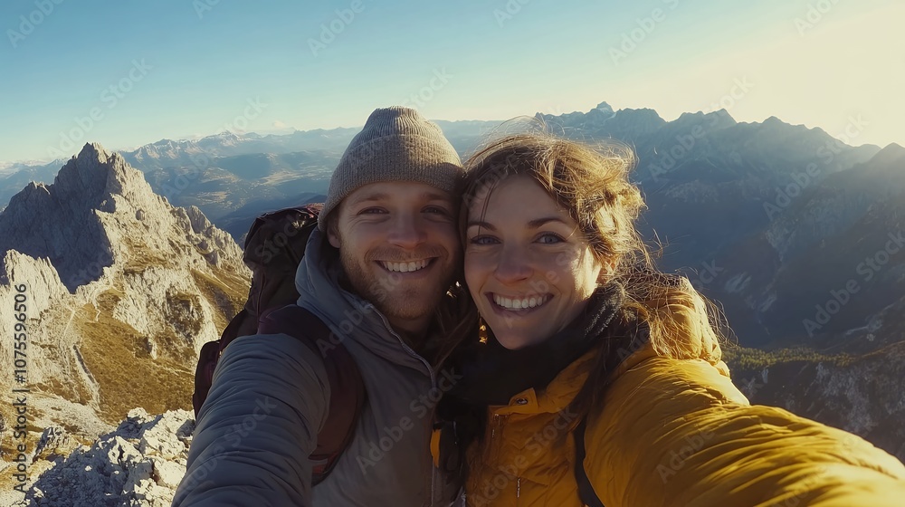 A smiling couple takes a selfie on a mountain peak, capturing their adventurous spirit and love of nature A smiling couple takes a selfie on a mountain peak, capturing their adventurous spirit and love of nature