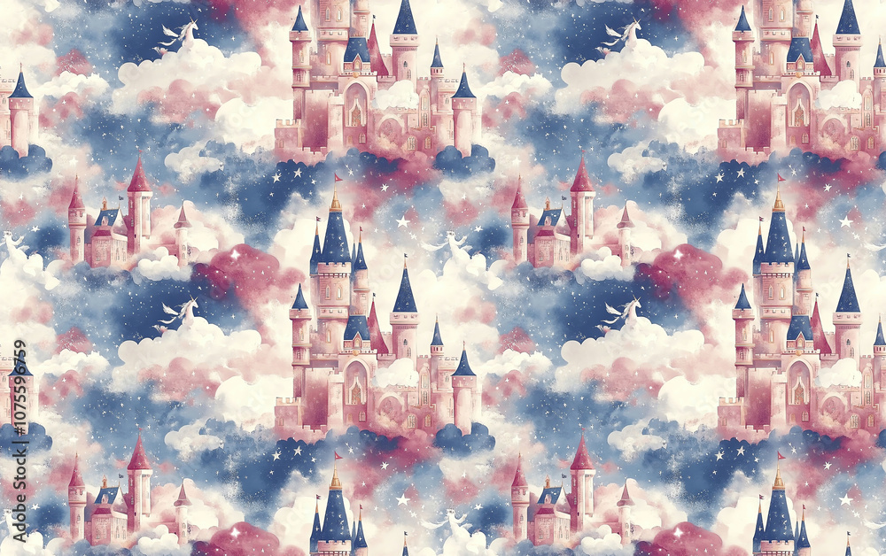 Naklejka premium A whimsical watercolor pattern featuring dreamy castles surrounded by soft, colorful clouds. Seamless pattern