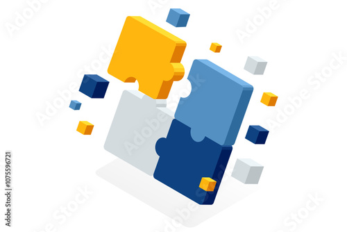 Isometric Business Puzzle. Teamwork and partnership. Business people join puzzle pieces. Doing business