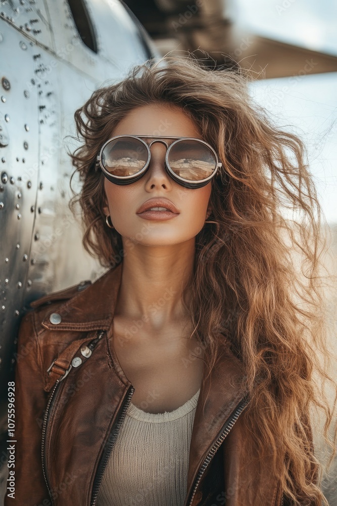 Stylish female pilot wearing sunglasses and leather jacket posing near airplane Stylish female pilot wearing sunglasses and leather jacket posing near airplane