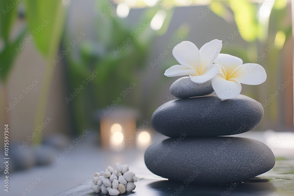 Stacked black stones with white flowers create a serene spa atmosphere surrounded by greenery in a tranquil setting. Generative AI Stacked black stones with white flowers create a serene spa atmosphere surrounded by greenery in a tranquil setting. Generative AI