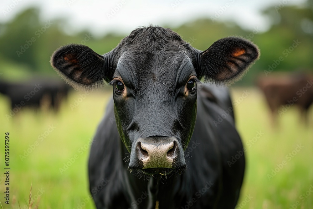Black angus cow standing in green pasture Black angus cow standing in green pasture
