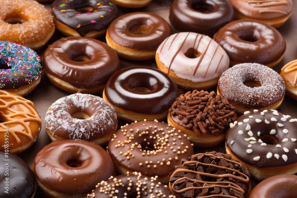 Chocolate Doughnuts. Background of Assorted Glazed Donuts in Various Flavors Chocolate Doughnuts. Background of Assorted Glazed Donuts in Various Flavors