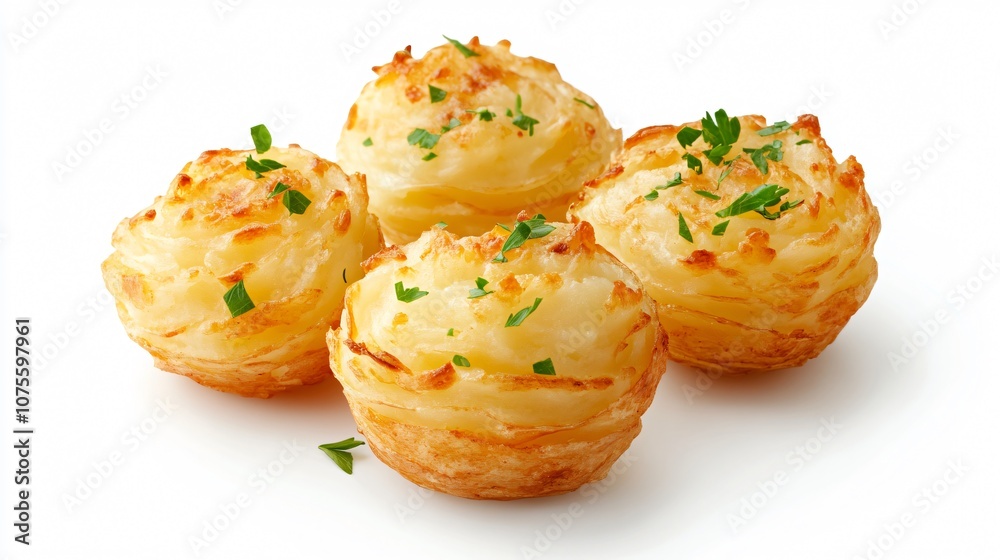 Elegant pommes dauphine, crispy puffs of mashed potato, isolated on a clean, upscale white background Elegant pommes dauphine, crispy puffs of mashed potato, isolated on a clean, upscale white background