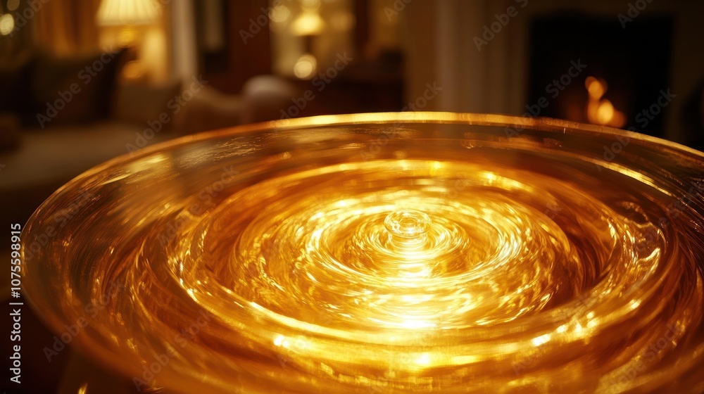 Close-up of water ripples in a glass bowl with a warm glow and a fireplace in the background. Close-up of water ripples in a glass bowl with a warm glow and a fireplace in the background.