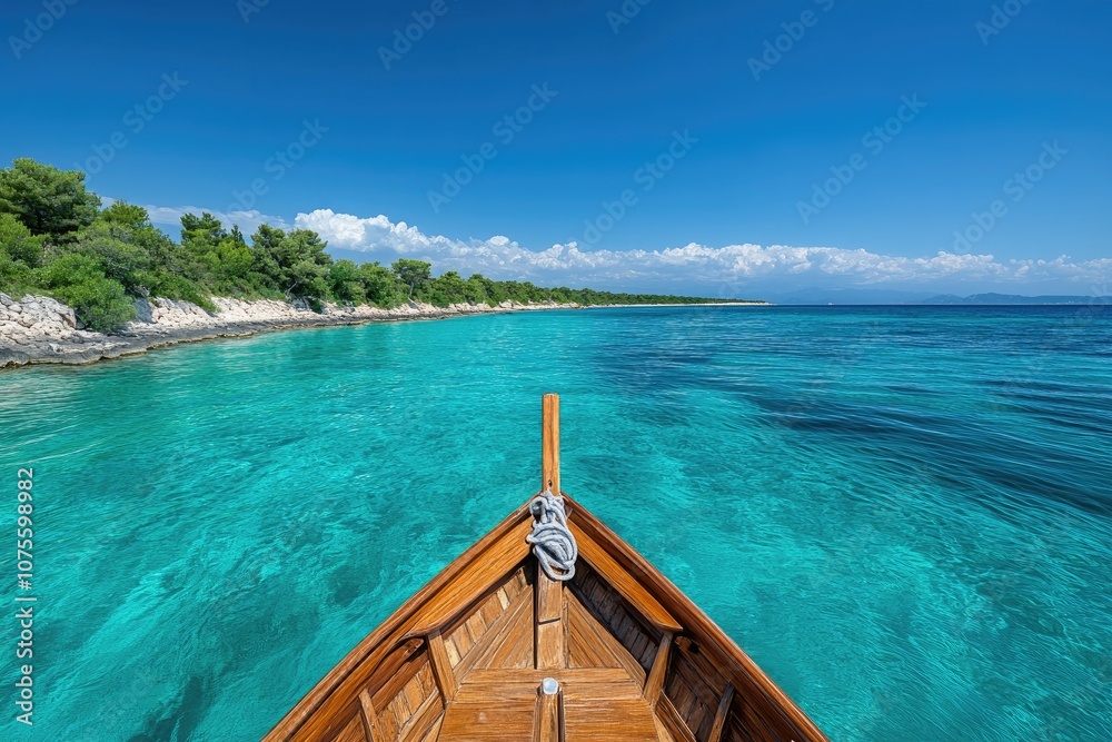Wooden boat sailing in turquoise water near green coast Wooden boat sailing in turquoise water near green coast