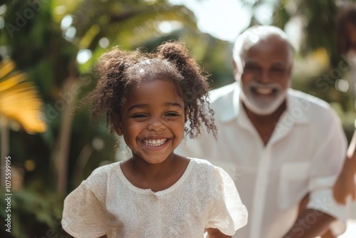 Happy granddaughter smiling with grandfather in tropical garden photo