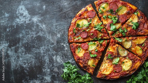 Potato and chorizo Spanish tortilla, thick slices with parsley garnish, isolated on a simple rustic background