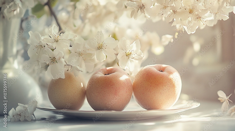 Three ripe apples on a white plate with apple blossoms and sunlight streaming in the window. Three ripe apples on a white plate with apple blossoms and sunlight streaming in the window.