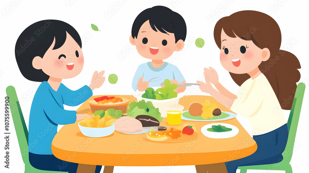 Family enjoying a wholesome meal together, emphasizing nutrition and bonding. illustrations Family enjoying a wholesome meal together, emphasizing nutrition and bonding. illustrations