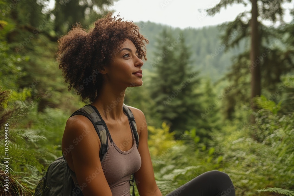 Young hiker resting and enjoying the view in a lush forest Young hiker resting and enjoying the view in a lush forest
