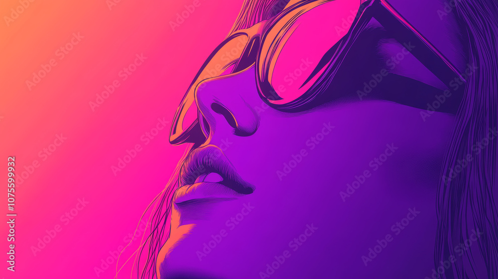 Fototapeta premium Close-up of a woman's face with sunglasses in a vibrant pink and purple color scheme.