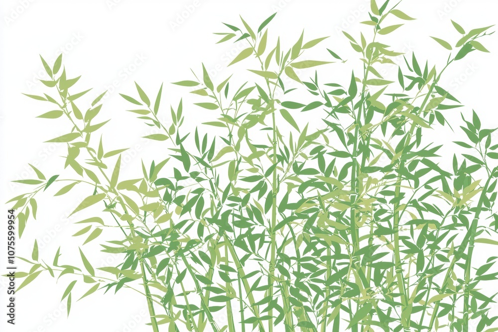 Naklejka premium Lush Green Bamboo Leaves Silhouetted Against a Soft White Background, Perfect for Nature Themes and Minimalist Design Projects