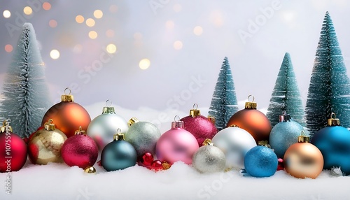  A snowy Christmas scene features a white background adorned with colorful ornaments and Chr_1(678)