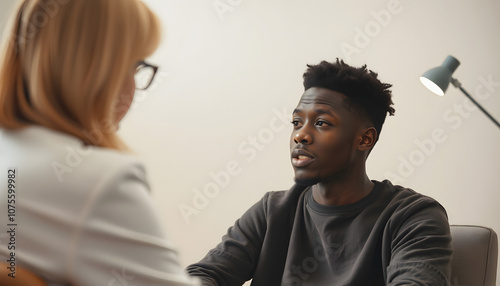 African American teenage boy talks to psychologist during counselling session with white shades, png