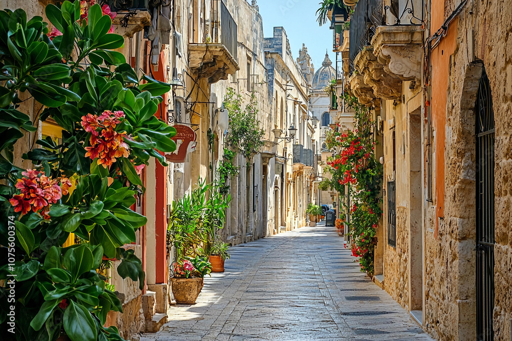 Fototapeta premium Charming narrow street lined with flowers in an old town