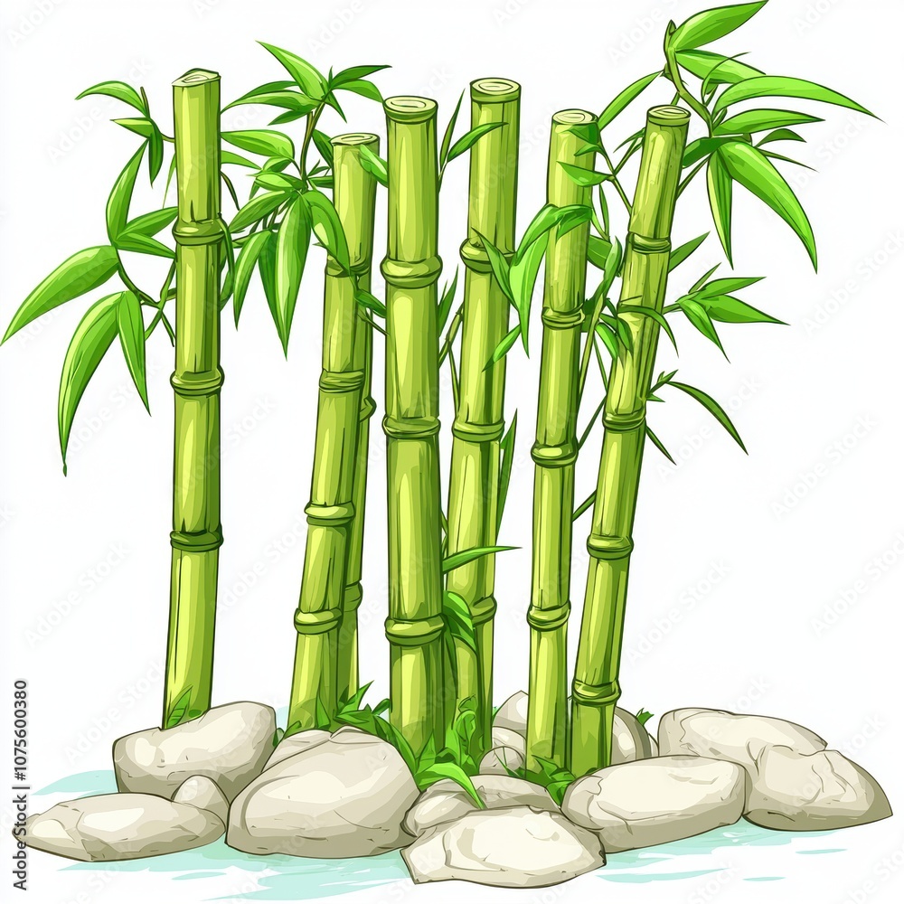Fototapeta premium Lush Green Bamboo Stalks Surrounded by Smooth Stones in a Serene Natural Setting with Gentle Water Reflection and Vibrant Leaves for Tranquil Atmosphere