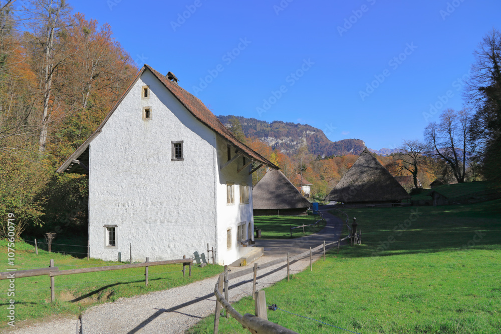 Old traditional swiss houses in open air museum Ballenberg in autumn. Canton of Bern, Switzerland. Old traditional swiss houses in open air museum Ballenberg in autumn. Canton of Bern, Switzerland.
