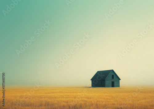 An isolated house standing in the middle of a vast golden wheat field under a pastel sky, evoking feelings of solitude and open freedom