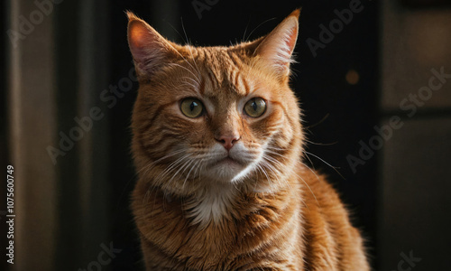 A ginger cat stares intensely at the camera with a serious expression photo