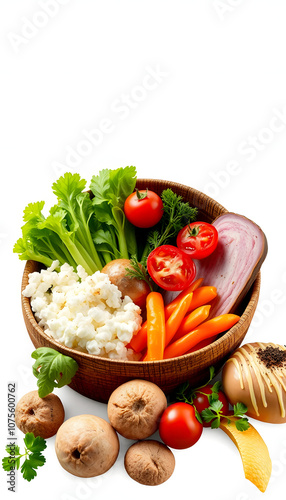 Food products representing the Mediterranean diet with white shades, png photo