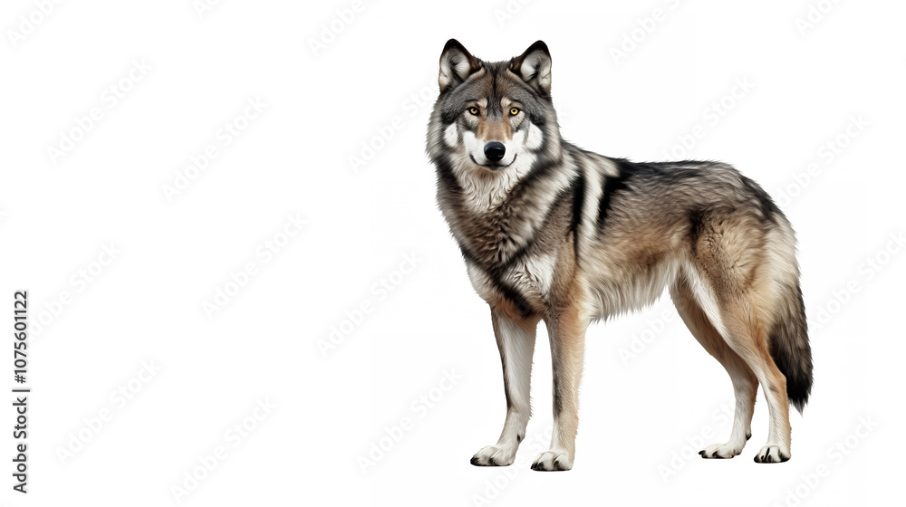 Obraz premium wolf, standing, alert pose, full body, side view, gray and tan fur, white background, realistic, detailed, studio lighting, wildlife photography, majestic, predator, canine, natural habitat, isolated